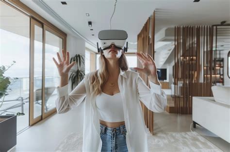 Mulher usando óculos de realidade virtual aumentada em apartamento