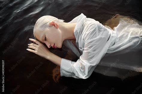 Nude Naked Sexy Woman In Water At Sunset Beautiful Blonde Woman With Short Wet Hair And Big