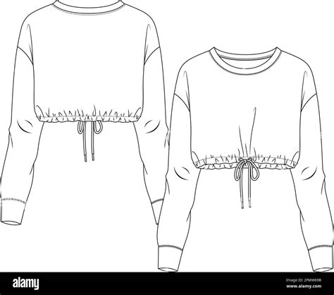 Women Long Sleeves Crop Sweatshirt Fashion Flat Sketch Template Girls