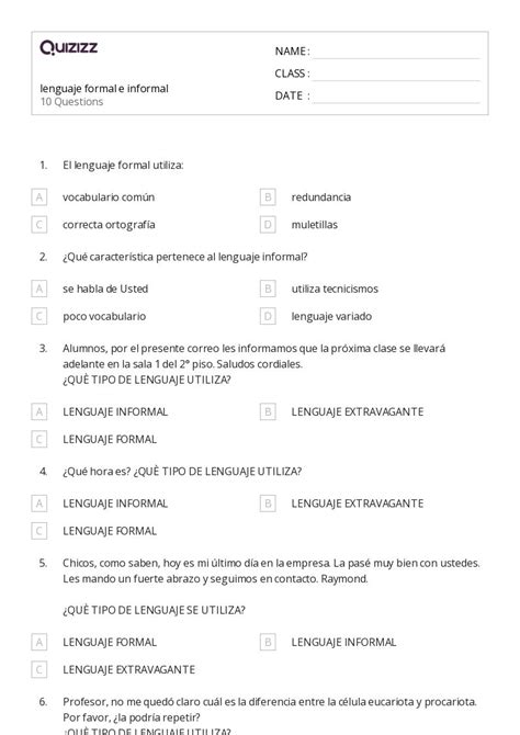 50 Lenguaje Y Vocabulario Hojas De Trabajo Para Grado 5 En Quizizz