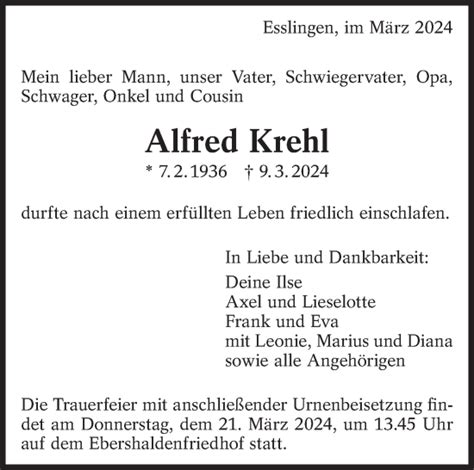 Traueranzeigen Von Alfred Krehl Zeit Des Gedenkens De