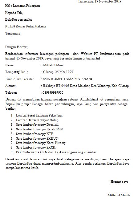 Contoh Surat Lamaran Pekerjaan Berdasarkan Iklan Dari Media Online