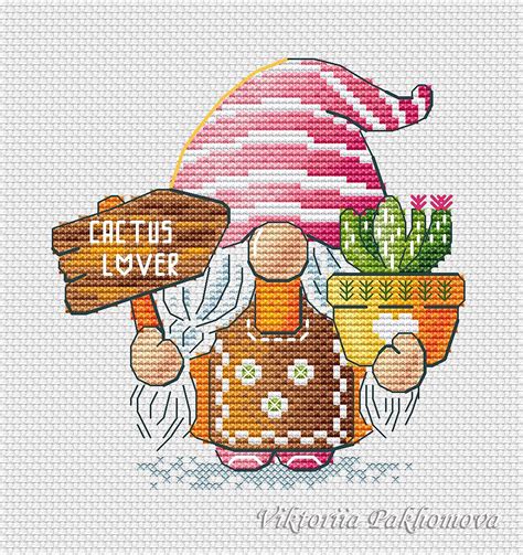 Cactus Gnome Cross Stitch Pattern Pdf Nordic Leprechaun Floral Tapestry