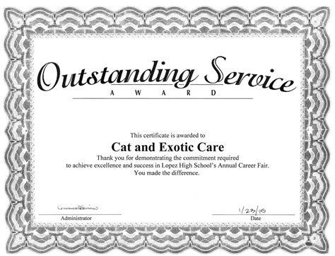 Outstanding Service Award Certificate