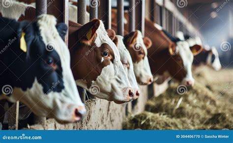 Group Of Cows At Cowshed Eating Hay Or Fodder On Dairy Farm Stock Photo