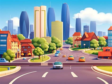 3D Animation Style Free vector City scene with landscape car and ...