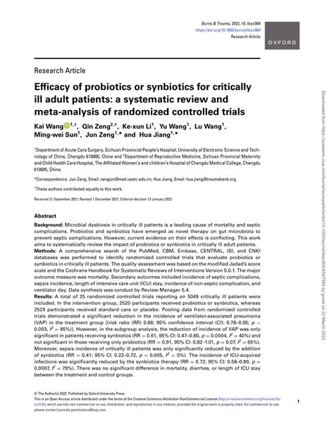 Pdf Efficacy Of Probiotics Or Synbiotics For Critically Ill Adult