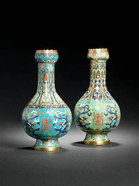 A Pair Of Cloisonn Enamel Garlic Necked Bottle Vases Th Century