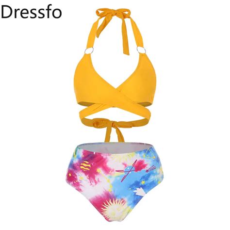 Dressfo High Waisted Galaxy Planet Sun Wrap Bikini Swimwear Swimsuits Tankini Sets Beach Wear
