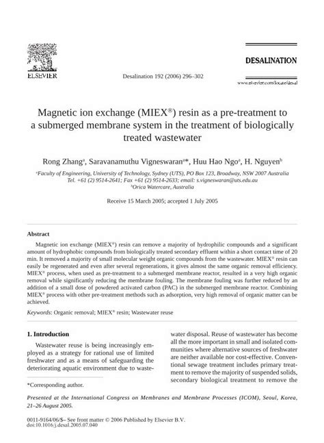 Pdf Magnetic Ion Exchange Miex® Resin As A Pre Treatment To A