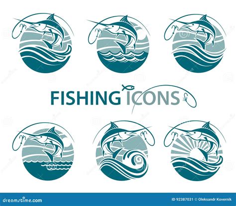 Fishing Emblems Set Stock Vector Illustration Of Spinning 92387031