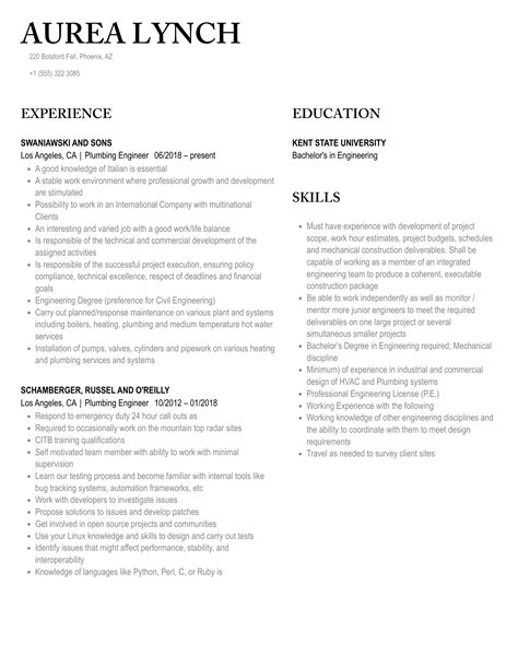 Plumbing Engineer Resume Samples | Velvet Jobs