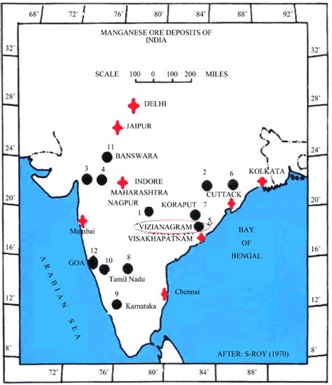 Map showing manganese ore deposits in India. 1. Madhya... | Download ...