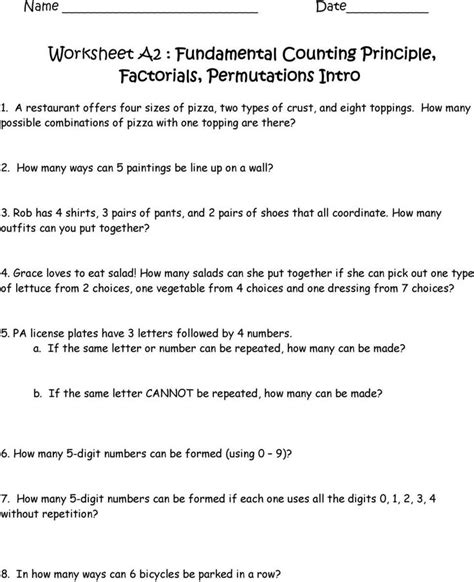 Fundamental Counting Principle Worksheet Worksheet A2 Fundamental