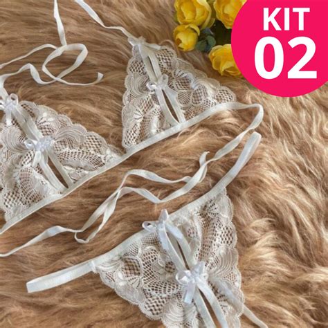 Kit Conjuntos Lingerie Feminina Sensual Lingerie Apressadinha De Renda Lacinho Pe As
