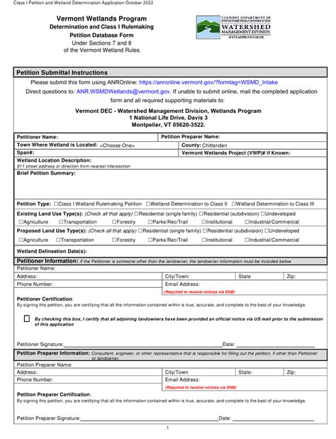 Vermont Determination And Class I Rulemaking Petition Database Form