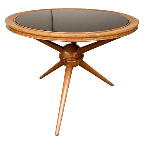 Italian Coffee Table Round Cherry Wood Glass Top Mid Century Modern