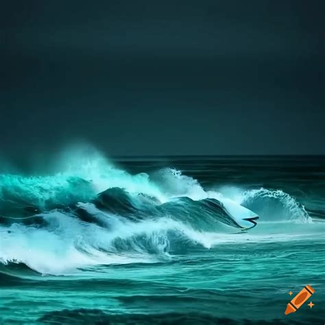 Surfers Riding Big Waves At Night In Stormy Ocean On Craiyon