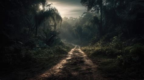 Paisagem da floresta nevoeiro de estrada árvores silêncio atmosfera