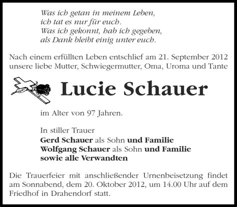 Traueranzeigen Von Lucie Schauer M Rkische Onlinezeitung Trauerportal