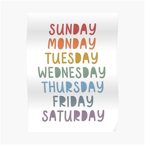 Days Of The Week In Muted Boho Rainbow Colors For Kids Poster For