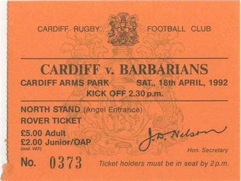 Ticket Cardiff V Barbarians Cardiff Rugby Museum