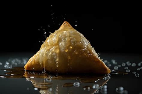 Premium AI Image Samsa On A Glistening Wet Surface With Droplets Of