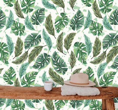 Eclectic style green tropical pattern leaves wallpaper - TenStickers