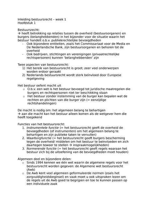 Inleiding Bestuursrecht Samenvatting Inleiding Bestuursrecht Week