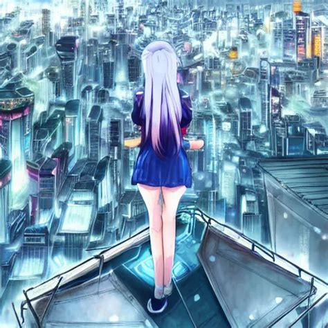 Blue Haired Anime Girl Standing On Rooftop Overlooking Stable