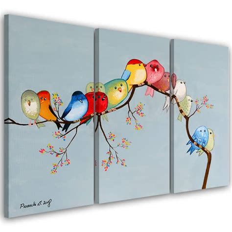 Tableau Sur Toile En Parties Oiseaux Color S Sur Une Branche Wall