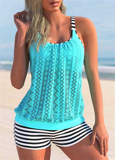 Lace Stitching Cyan Striped Tankini Set Usd 37 98