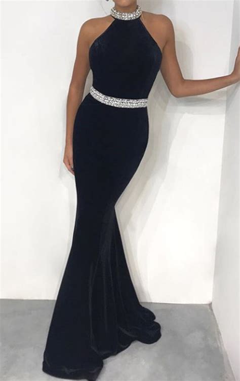 Macloth Halter Mermaid Black Velvet Long Prom Dress Elegant Formal Eve