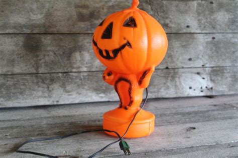 Vintage Plastic Blow Mold Halloween Jack O Lantern Pumpkin And Cat