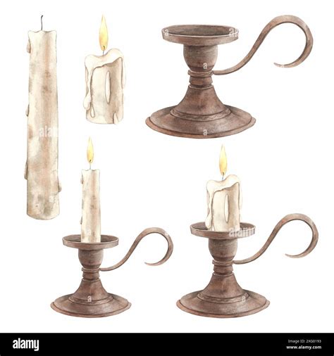 A Set Of Burning Wax Candles And Antique Metal Candlesticks Watercolor