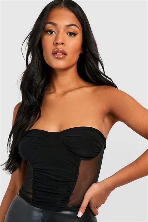 Womens Black Tall Mesh Contrast Bandeau Corset Top Boohoo Uk