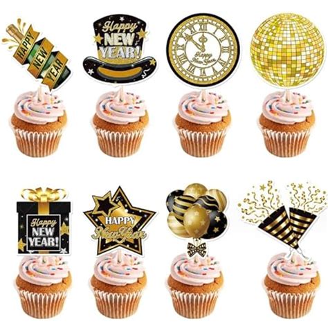 Veewon Pcs Glitter Happy New Year Cupcake Toppers Black Gold