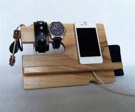 Walnut Wood Docking Station Mens Bedside Organizer Nightstand Etsy