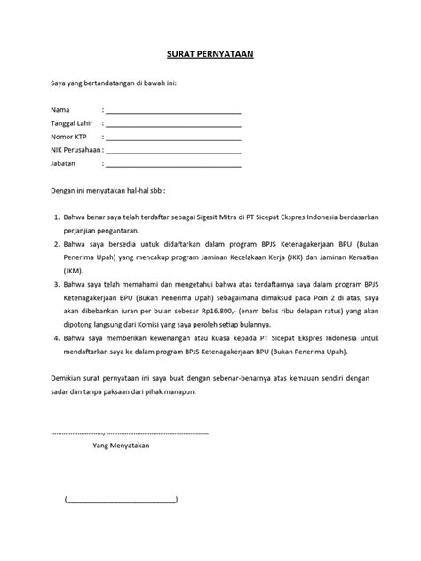 Template Surat Pernyataan Bpjs Tk Bpu Pdf