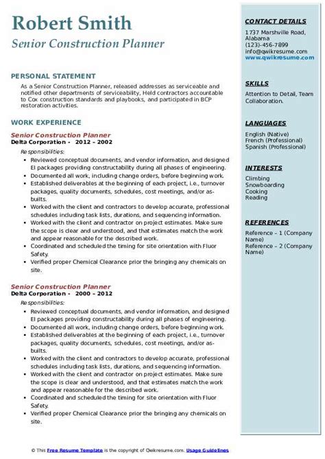 Construction Planner Resume Samples Qwikresume