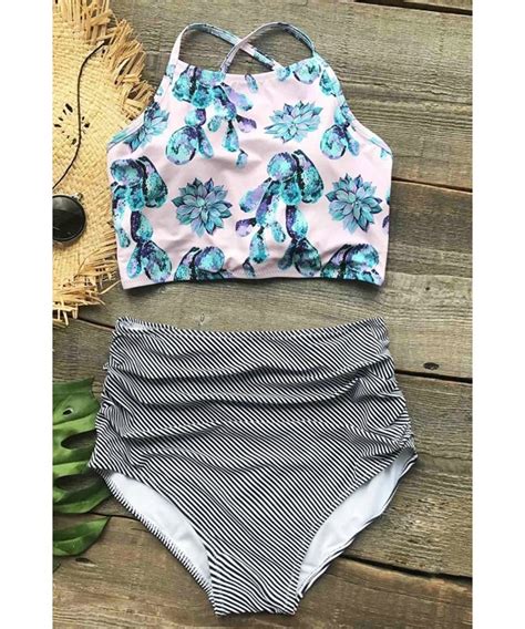 Women S Stripes High Waisted Lace Up Tankini Bikini Set Succulent Plants C Yzig Ar