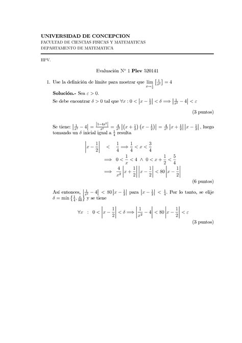 Certamen 1 Cálculo I Y Ii 2009 Plev Universidad De Concepcion Facultad De Ciencias