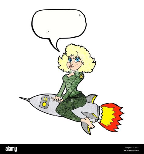 Cartoon Armee Pin Up Girl Reiten Rakete Mit Sprechblase Stock