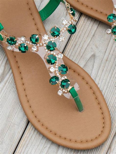 Women Rhinestone Decor Thong Sandals Glamorous Outdoor Pvc Flat