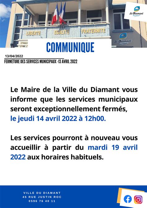 Fermeture Exceptionnelle Des Services Municipaux Ville Du Diamant