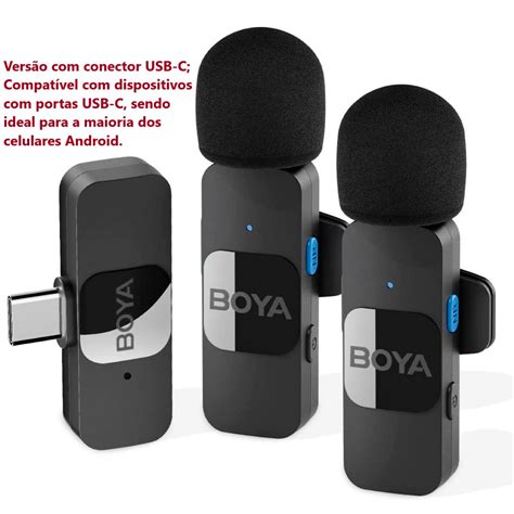 Microfone De Lapela Sem Fio BOYA By V20 USB C 2 Microfones