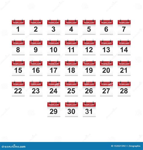 February Calendar 1 31 Illustration Vector Art Stock Vector