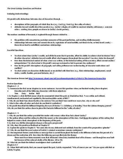 The Great Gatsby Chapters 1-9 General Thinking Questions - The Great