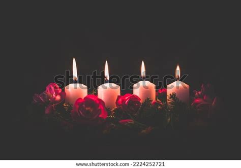 Fourth Burning Advent Candle On Decorated Stock Photo 2224252721 ...