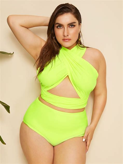 Plus Neon Lime Wrap Halter Top With High Waist Bikini SHEIN USA